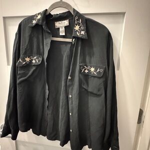 Silk Black Embroidered Shirt with Floral Design size M